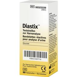 Gelbe Packung mit Teststreifen zur Urinanalyse und Glukosekontrolle.