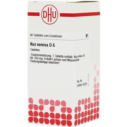 Weiße Tablettenverpackung mit rotem Logo und Aufschrift "Nux vomica D 6".
