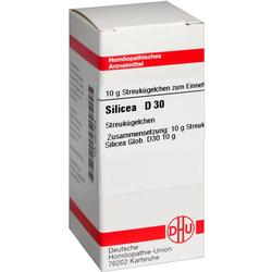 Weiße Schachtel mit der Aufschrift "Silicea D 30" und rotem Streifen oben.