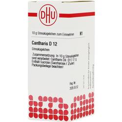 Eine Packung mit homöopathischen Streukügelchen namens Cantharis D12.