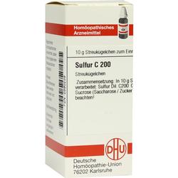 Weiße Verpackung eines homöopathischen Mittels mit der Aufschrift "Sulfur C 200".