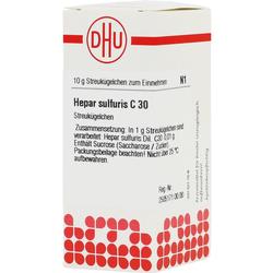 Verpackung von Hepar sulfuris C 30 Streukügelchen mit rotem DHU-Logo auf weißem Hintergrund.