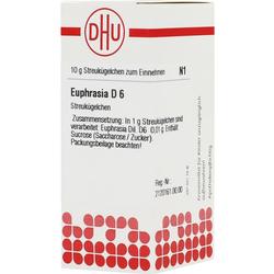 Weiße Packung mit rotem Logo und Schriftzug "Euphrasia D 6 Streukügelchen".