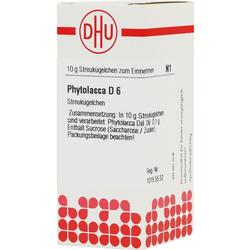 Weiße Verpackung von Phytolacca D6 Homöopathie-Kügelchen mit rotem Logo und Text.