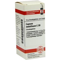 Eine Schachtel homöopathischer Streukügelchen namens Cuprum metallicum C 30.