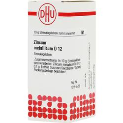 Weiße Schachtel mit Aufdruck "Zincum metallicum D 12" und roten Symbolen.