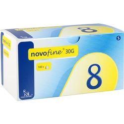 Eine Schachtel mit Nadeln der Marke Novofine, Größe 8, im blauen und gelben Design.