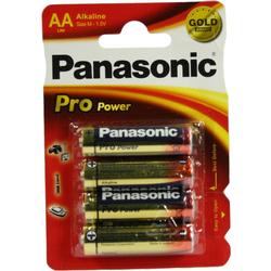 Vier Panasonic AA-Batterien in einer roten Verpackung.
