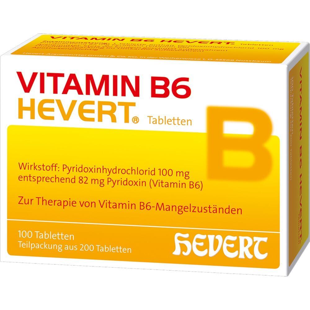 Gelbe Packung Vitamin B6-Hevert-Tabletten zur Therapie von Vitamin-B6-Mangelzuständen.