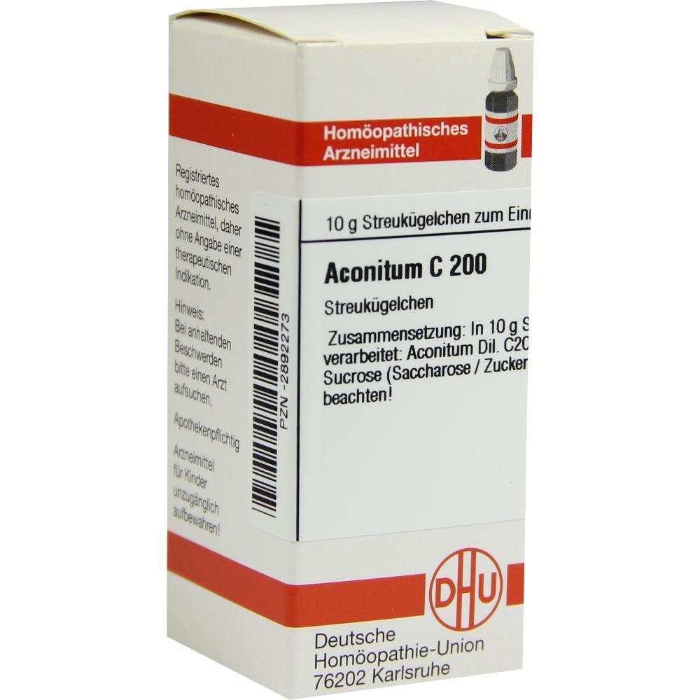 Eine Verpackung mit der Aufschrift "Aconitum C 200" von einem homöopathischen Arzneimittel.