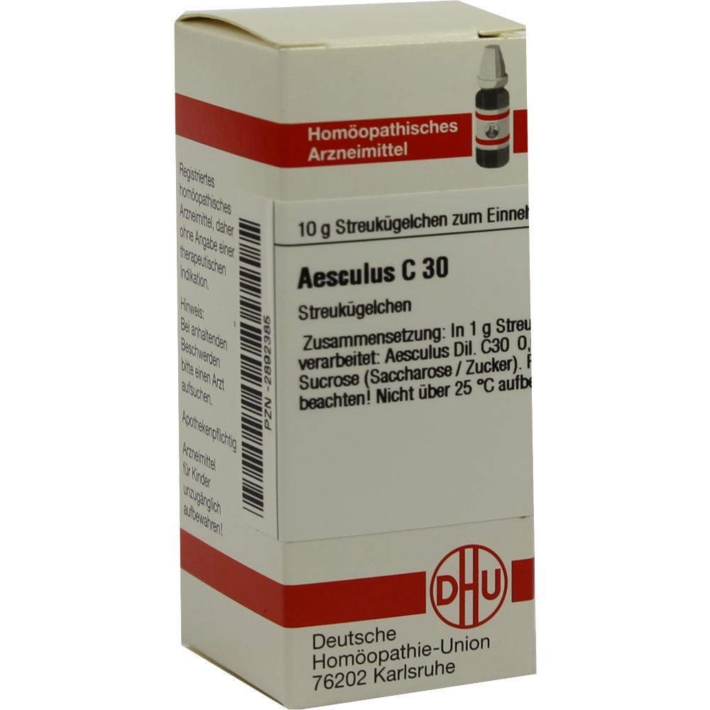 Eine Verpackung von homöopathischen Streukügelchen namens Aesculus C 30.