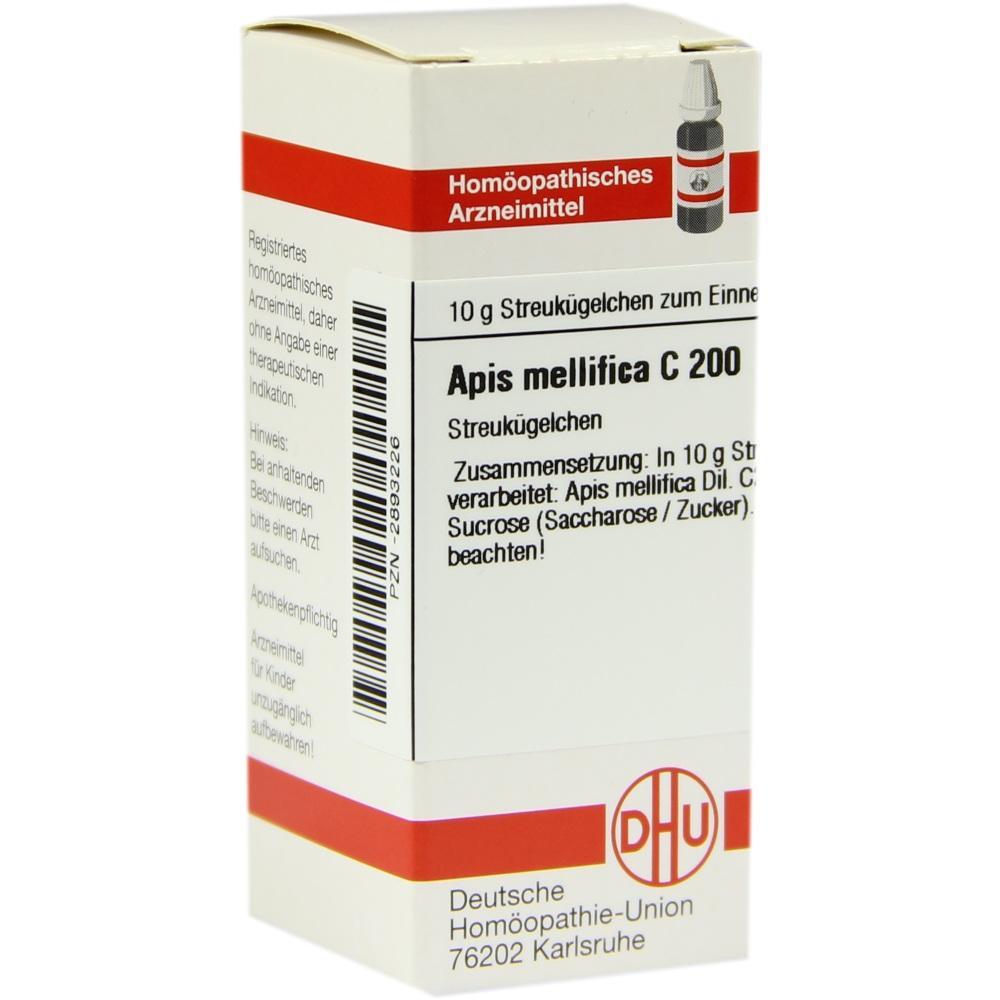 Eine Packung homöopathisches Arzneimittel namens Apis mellifica C 200.