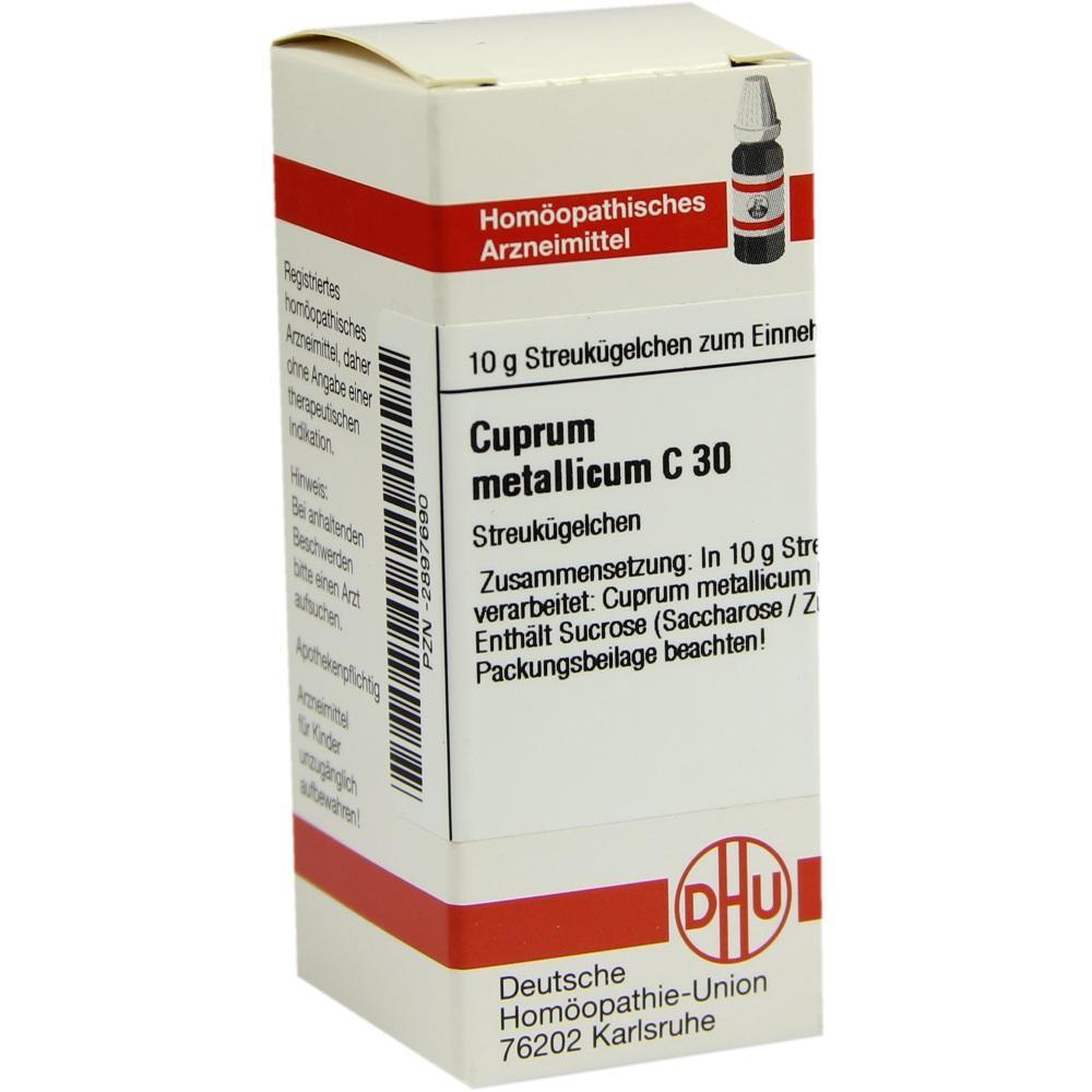 Eine Schachtel homöopathischer Streukügelchen namens Cuprum metallicum C 30.