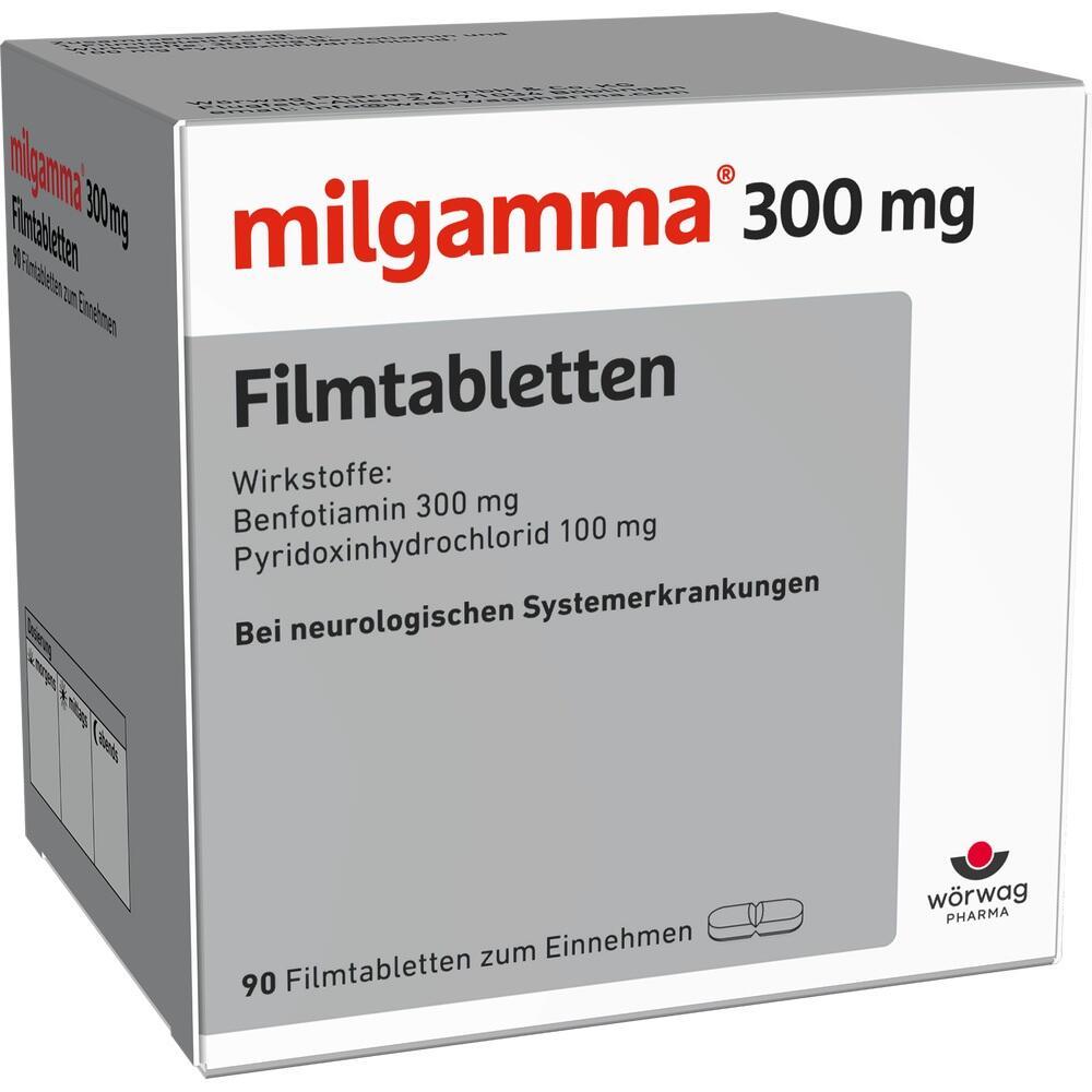 Weiße Medikamentenpackung von Milgamma mit roten und schwarzen Schriftzügen.