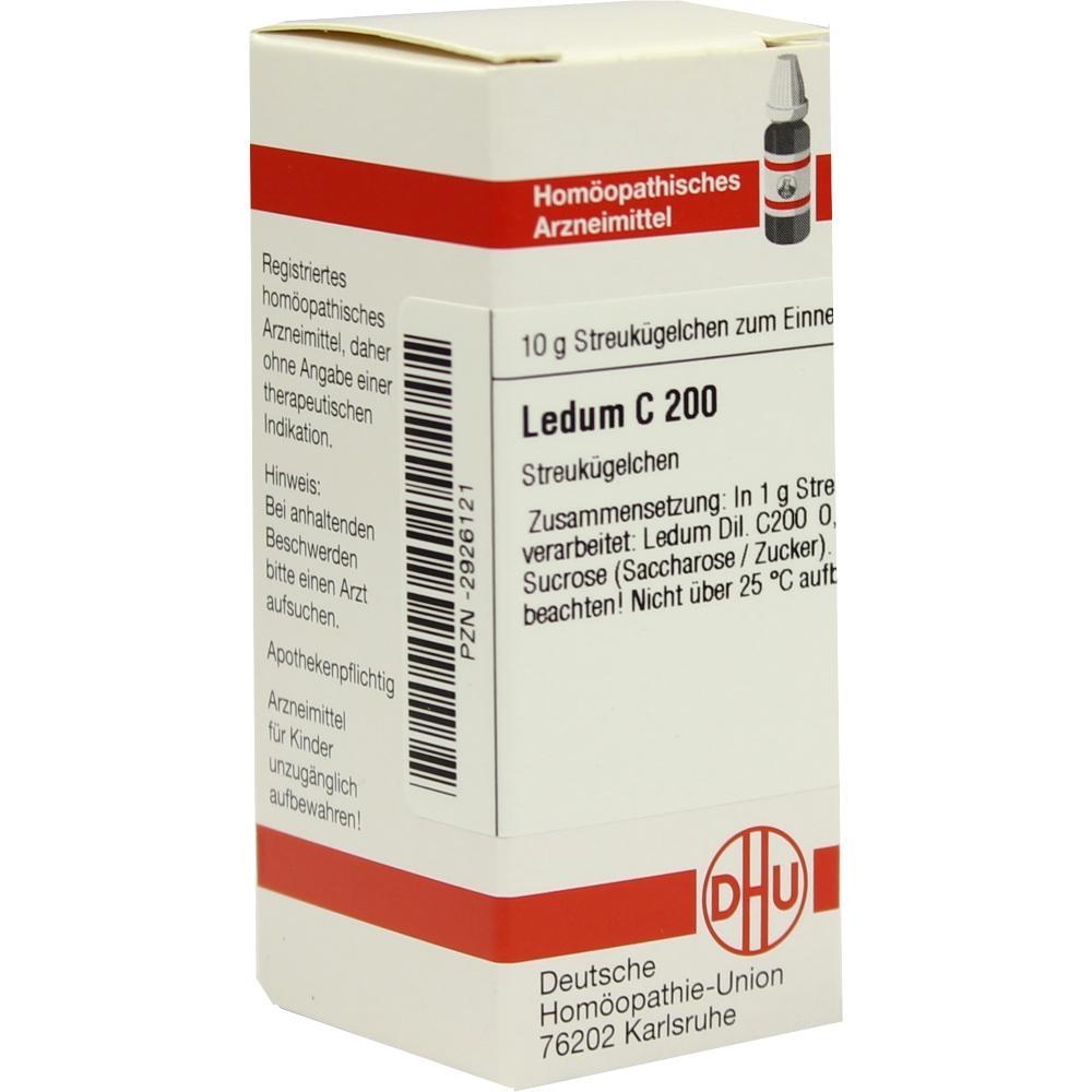 Weiße Verpackung mit der Aufschrift "Ledum C 200" für homöopathische Streukügelchen.