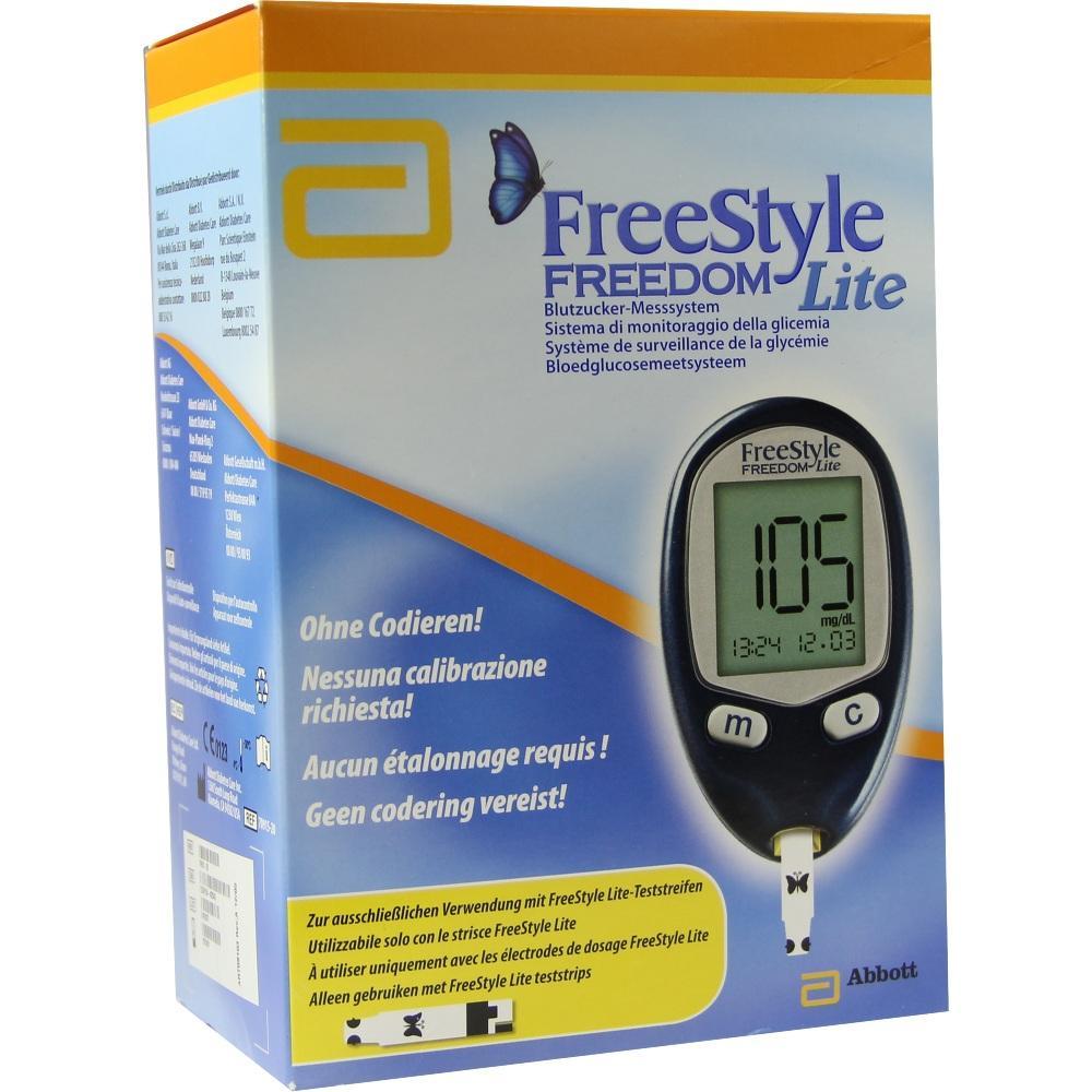 Verpackung eines Blutzuckermessgeräts mit großer Schrift "FreeStyle Freedom Lite" darauf.