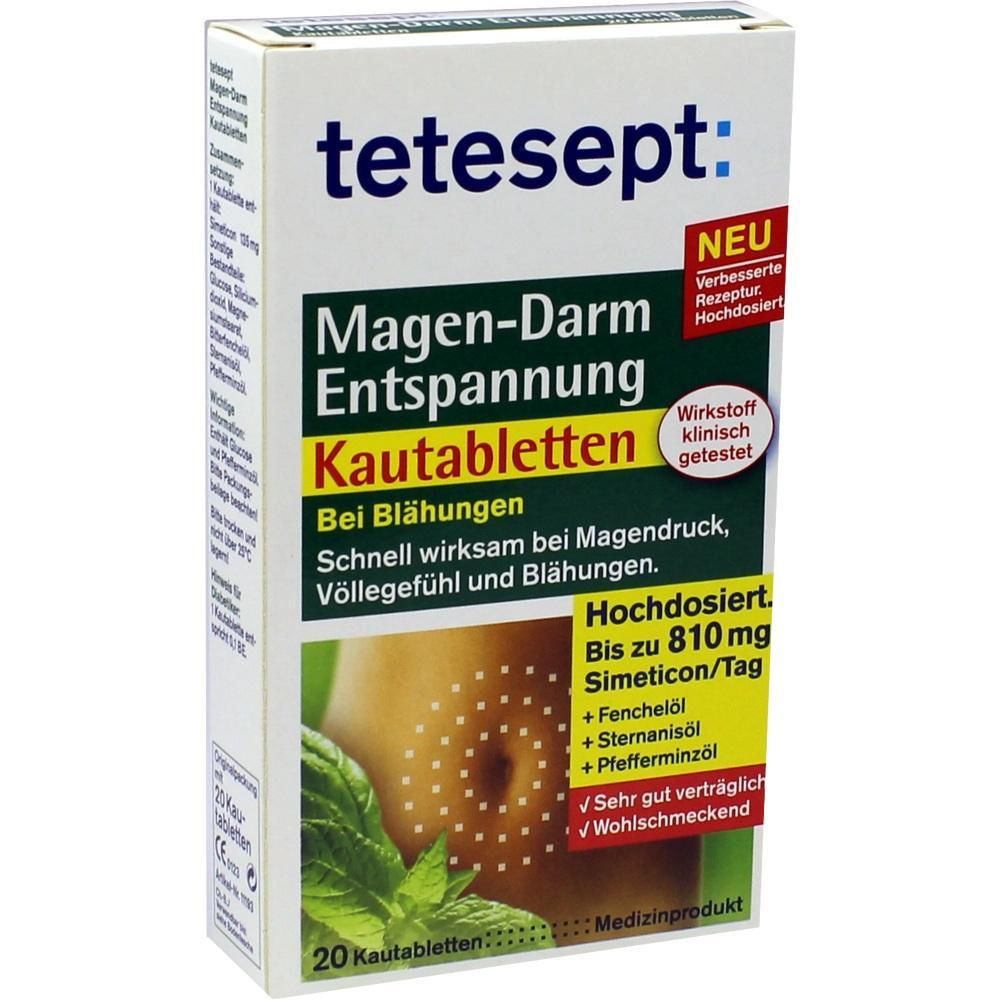 Packung mit Kautabletten für Magen-Darm-Entspannung bei Blähungen.