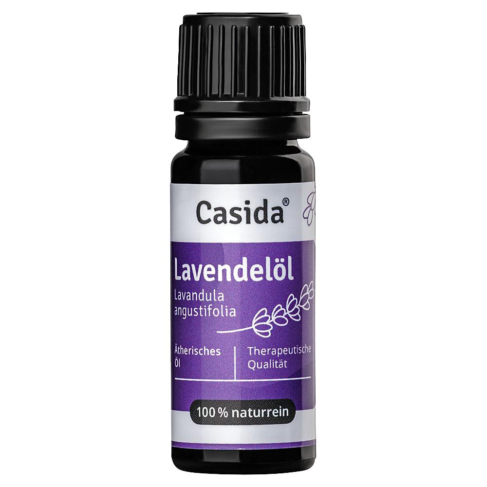 Kleine Flasche mit Lavendelöl von Casida, lila Etikett mit Blütenmotiv.