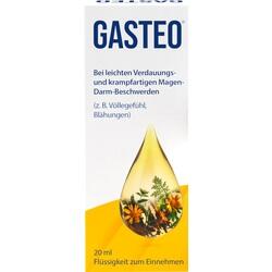 Verpackung von Gasteo, einem Mittel gegen Magen-Darm-Beschwerden, mit Pflanzenmotiv.