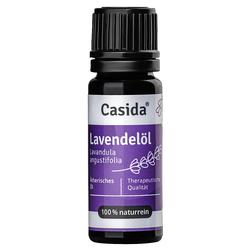 Kleine Flasche mit Lavendelöl von Casida, lila Etikett mit Blütenmotiv.